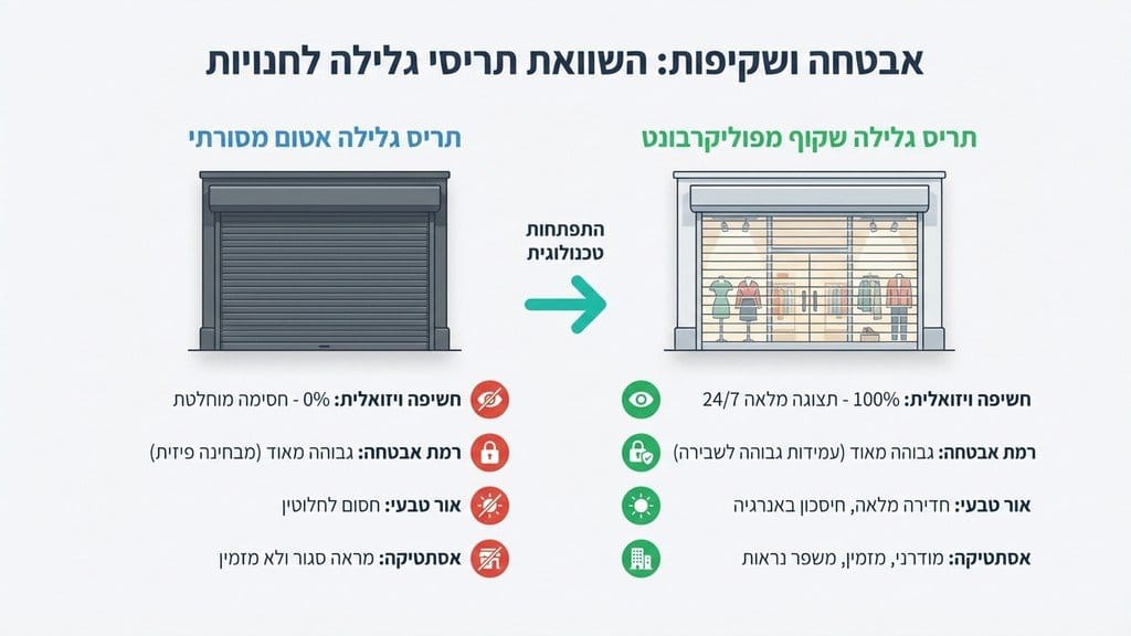 תריסי גלילה שקופים לעסקים בחזית חנות מוארת