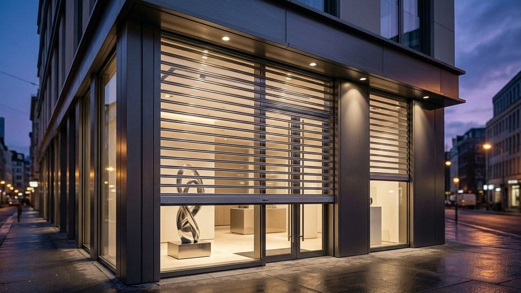 חזית חנות מודרנית עם תריס גלילה חשמלי מעוצב