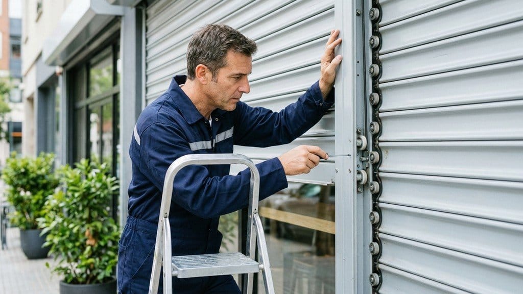 התקנה מקצועית של תריס גלילה לבית קפה על ידי טכנאי מוסמך