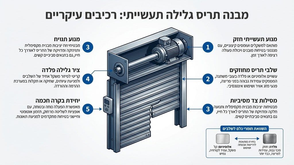 התקנה מקצועית של מנוע ומסילות לתריס גלילה במבנה מסחרי