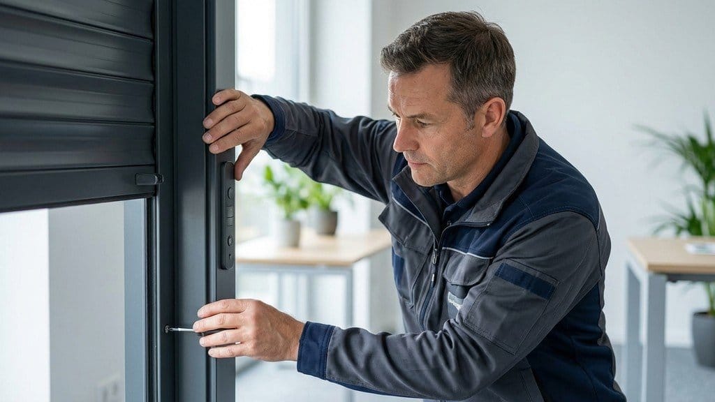 איש מקצוע בוחן את מנגנון ההפעלה של תריס גלילה חשמלי בעסק